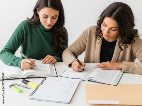 Two women collaborating on academic work in a study session
