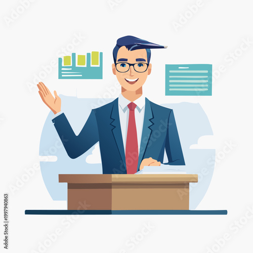 Professional Businessman Giving a Presentation at a Podium.