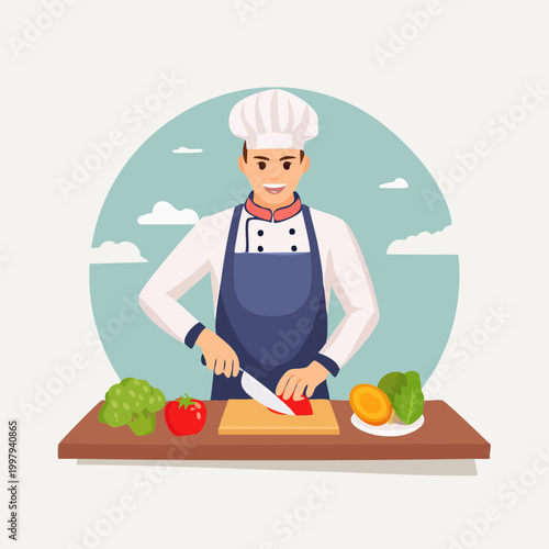 Professional Chef Preparing Fresh Vegetables in a Modern Kitchen.
