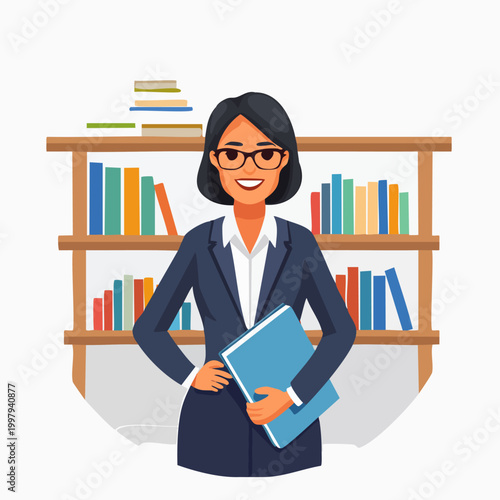 Professional Librarian with Book in Front of Bookshelf.