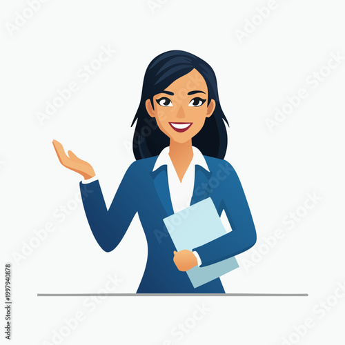 Professional Businesswoman Presenting with Confidence and Holding Documents.