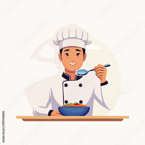 Professional Male Chef Tasting Delicious Dish with Spoon.
