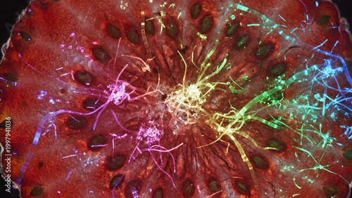 Microscopic view of red biological tissue with glowing blue organism
