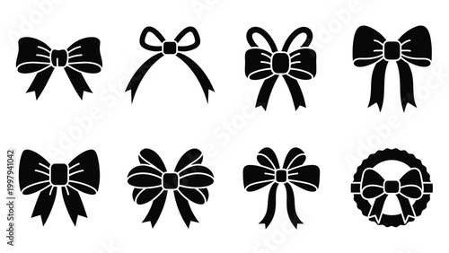 Set of black ribbon bow silhouettes for gift decoration and celebratory designs.