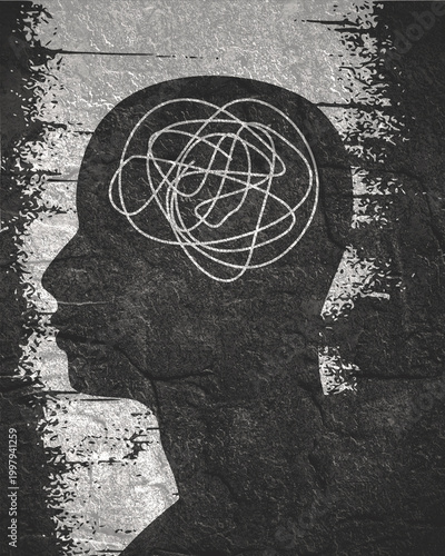 Psychotherapy, stress and psychosis. A male head with a tangled ball of nerves, scribbles symbolizing a depressed state of a person. Psychological help and mental health. Personality disorder.