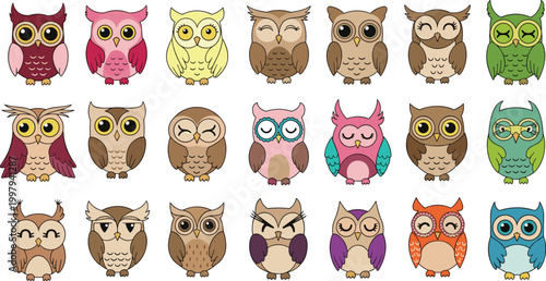 Large collection of cute cartoon owl character vector set featuring various colors and expressions including happy, sleepy, and winking for children's stickers, nursery decor, and pattern design.