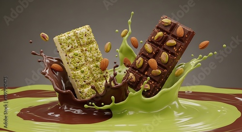 Potongan cokelat hitam dan putih berjatuhan dengan cipratan cairan hijau yang melambangkan perpaduan rasa mewah dan ledakan energi manis kekinian.