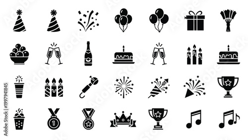 Celebration and party icon set, party hat, confetti, balloons, gift, cake, champagne, candles, fireworks, and trophy.