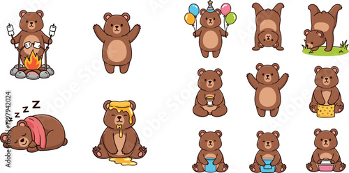 PrintCute cartoon grizzly bear character vector set in various activities like roasting marshmallows, eating honey, sleeping, and celebrating for kids stickers, birthday cards, and nursery decor.
