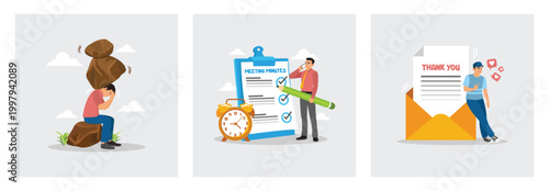 Man Struggling Under Heavy Load. Reviewing Time Management. Showing Thank You Note in Envelope.