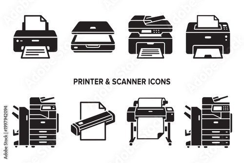 Office printer and scanner vector icons showing various multifunction copying machines for business.