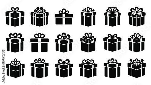 Collection of gift boxes icons with bows in flat black glyph style for holidays.