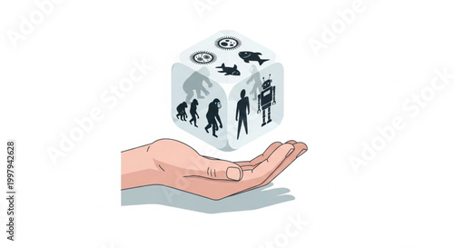 A conceptual illustration featuring a human hand holding a floating cube that depicts the evolution of life. The die faces show the transition from primordial organisms to apes, humans.