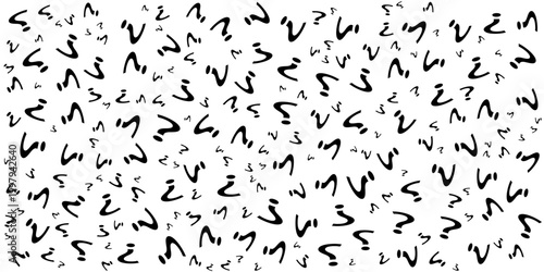 Question mark seamless pattern. Repeating interrogation patern. Hand drawn black simple icon on white sample background. Repeated modern wallpaper for design prints. Repeat swatch.