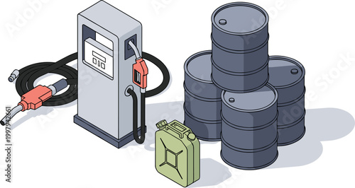 Fuel pump with oil barrels and gas can in industrial setting with gray metallic color in bright lighting for energy and infrastructure