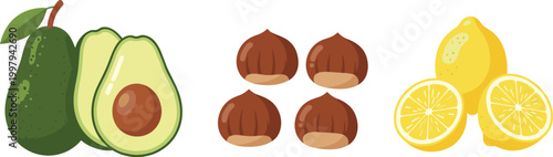 Fresh organic healthy food vector set featuring green avocado halves, brown chestnuts, and bright yellow lemons with slices for vegan cooking, diet, and nutrition illustrations isolated on white 