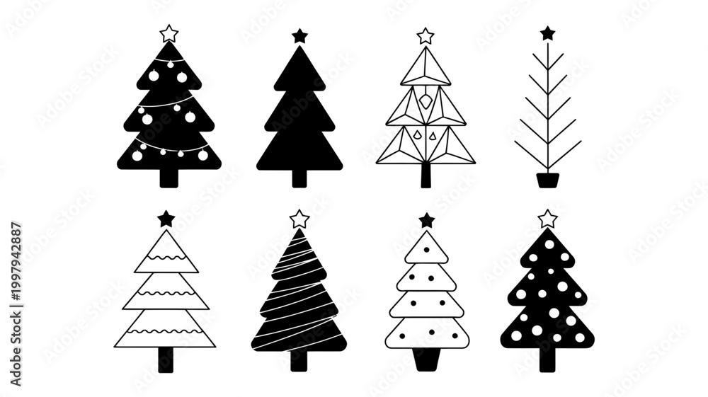 Obraz premium Diverse christmas tree designs in black and white with christmas seasonal decoration celebration template
