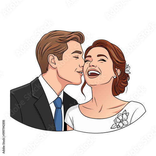 Groom kissing bride while smiling in wedding attire  