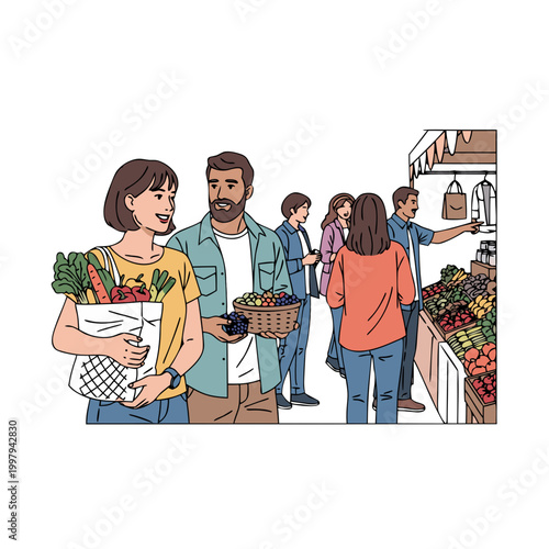Group of people shopping at farmers market with fresh produce  