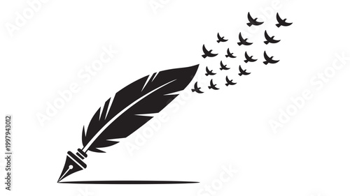 Feather quill pen transforming into flying birds with inspiration creativity literature knowledge isolated
