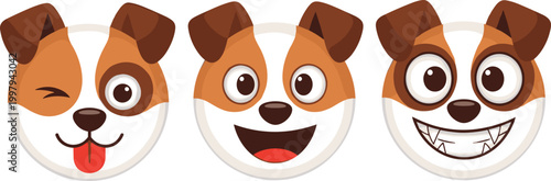 Cute cartoon dog emoji face vector set featuring a variety of expressions like winking, happy, and grinning for stickers, social media, and animal character design isolated on white background.
