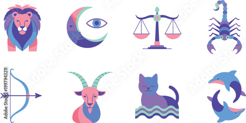 Set of Zodiac and Astrology Icons with Leo, Taurus, Libra, Scorpio, Pisces, Aries, Sagittarius Symbols for Horoscope, Mystical, and Spiritual Design Concepts