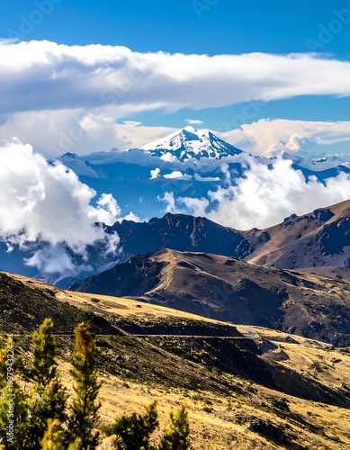 A mountainous landscape with a large snow-capped mountain peak