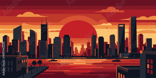 A panoramic cityscape of the New York City skyline at sunset features iconic urban skyscrapers and architecture silhouetted against a glowing dusk sky reflected in the water