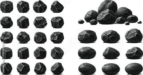 Cartoon black rock and coal stone vector set with various shapes and sizes for game UI design, environment assets, and natural mineral illustrations isolated on white background.