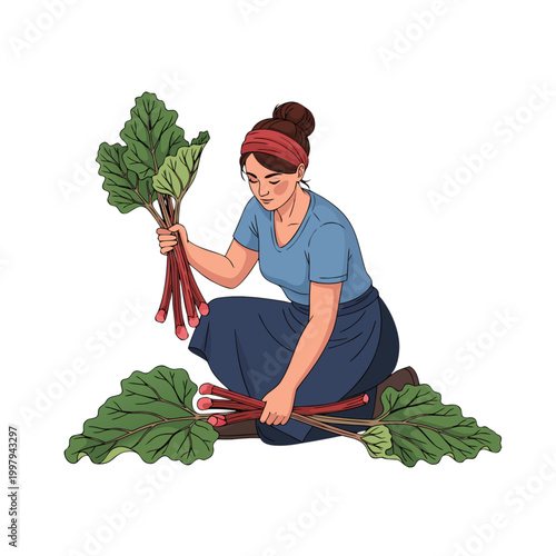 Woman harvesting rhubarb while kneeling in a garden setting  