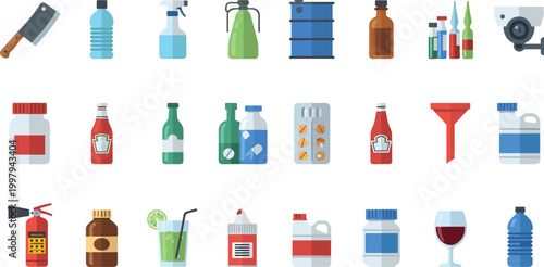 Set of Bottles and Containers Icons with Water, Chemical, Beverage, Spray, Funnel, and Packaging Elements for Industrial, Household, and Liquid Storage Design Concepts