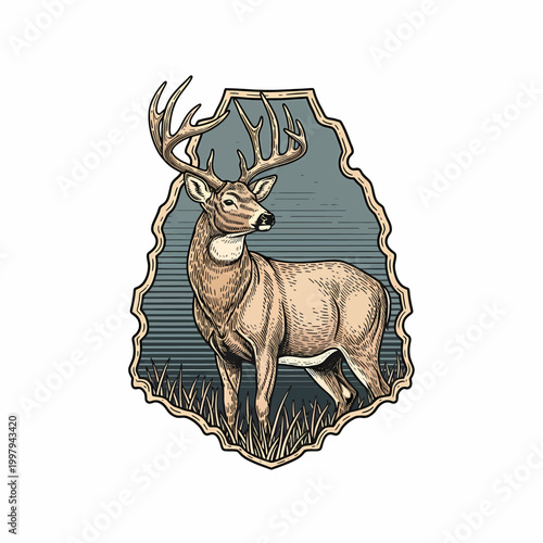 Vintage whitetail deer buck standing in grass field retro badge style illustration