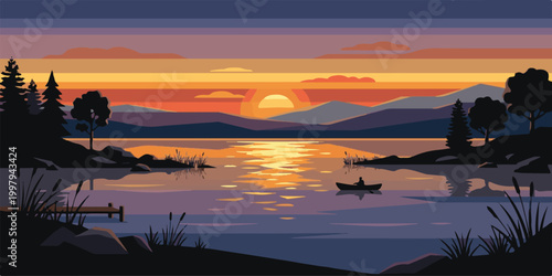 Beautiful evening sunset over the lake with a vibrant orange sky reflecting on the calm water landscape