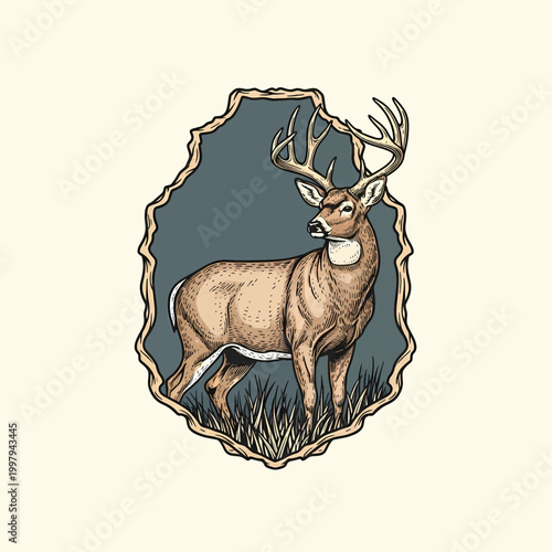Vintage whitetail deer buck standing in grass field retro badge style illustration