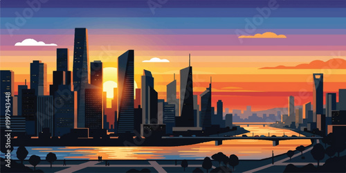 A glowing sunset illuminates the Hong Kong city skyline, casting a golden light over urban skyscrapers and downtown architecture as dusk settles across the panoramic water landscape