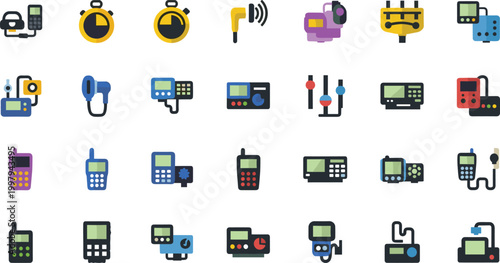 Set of Vintage and Modern Communication Device Icons with Phones, Walkie Talkie, Stopwatch, Radio, and Technology Elements for Electronics and Gadget Design Concepts