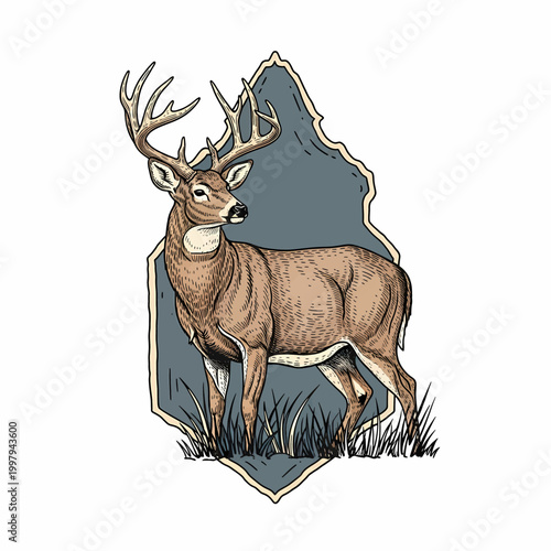 Vintage whitetail deer buck standing in grass field retro badge style illustration