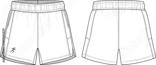 Women athletic shorts technical flat sketch front and back view elastic waistband running sportswear breathable fabric garment design illustration