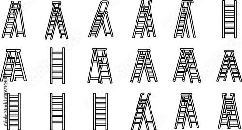 Set of Ladder Outline Icons with Different Configurations for Household, Construction, and DIY Equipment Design Concepts