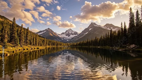 Mountain range with lake reflection and cloudy sky during the day