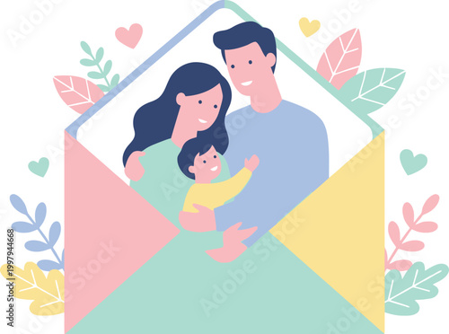 Family portrait is illustrated inside an open envelope decorated with pastel leaves and hearts.