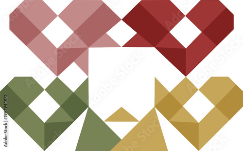 Hearts arranged in a geometric pattern create a stylized floral motif with intersecting lines and varying shades of red, green, and golden yellow.