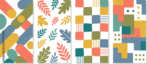 Abstract vertical patterns display a collection of geometric shapes and stylized organic leaves.