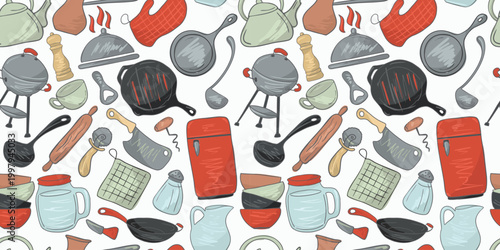 Seamless pattern kitchen stuff cooking essentials featuring vintage appliances and utensils for food branding packaging design projects.