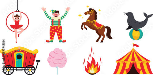 Vector Icon Set of Circus and Carnival Symbols including Clown, Aerialist, Horse, Seal, Cotton Candy, Tent, and Fire for Website and App Design