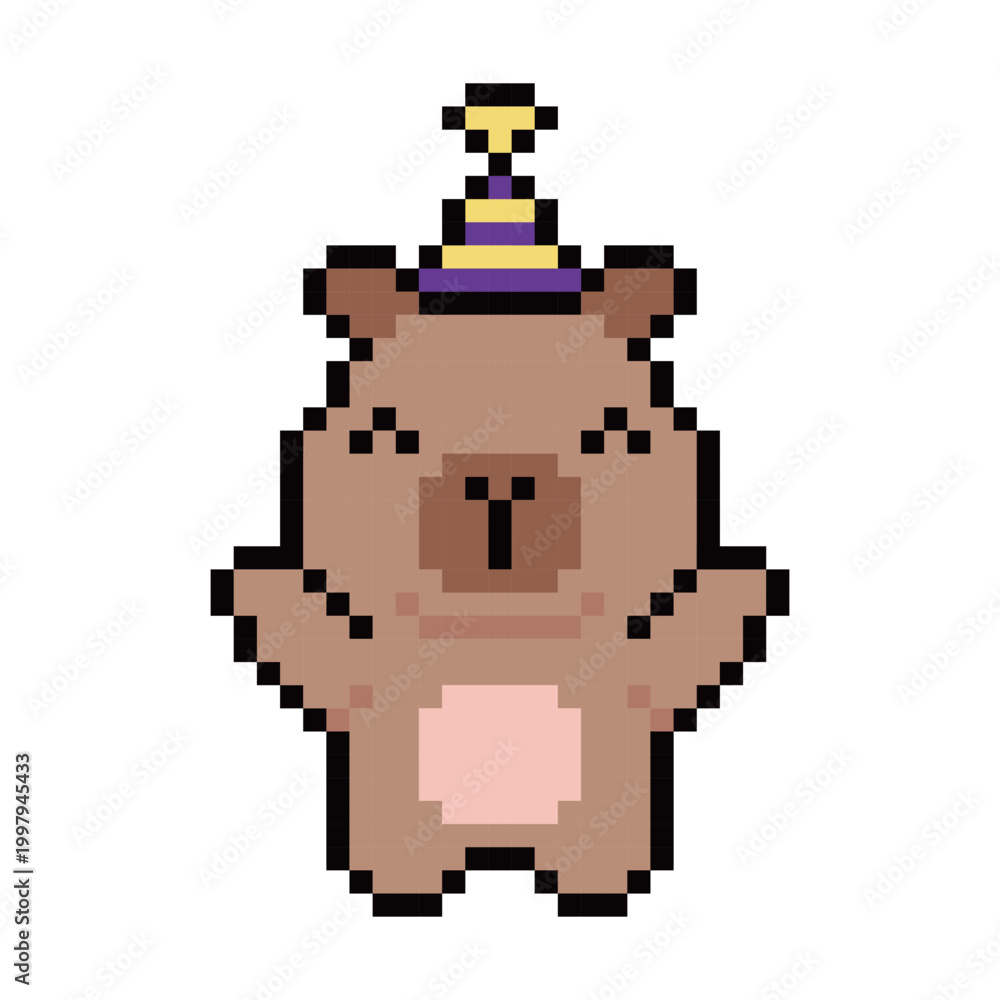 Fototapeta premium Pixel Art Cute Capybara Wearing Purple Party Hat Graphics