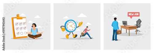 Meditating Woman Beside Checklist Clipboard. Clock Chasing Businessman. New Job Opportunity.