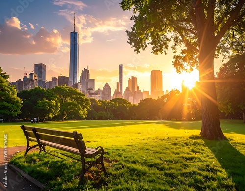 A serene city park at sunset with a bench and trees