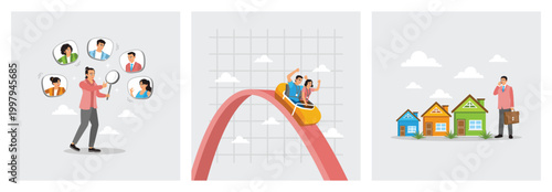 Person Finding Candidate Using Magnifier. Stock market Roller Coaster. Real Estate and Home Buying.