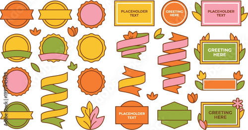 Labels feature a diverse collection of colorful banners and decorative frames designed for organized creative projects.